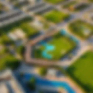 Aerial View of Townsquare Dubai Aerial view of Townsquare Dubai showcasing residential areas and green spaces