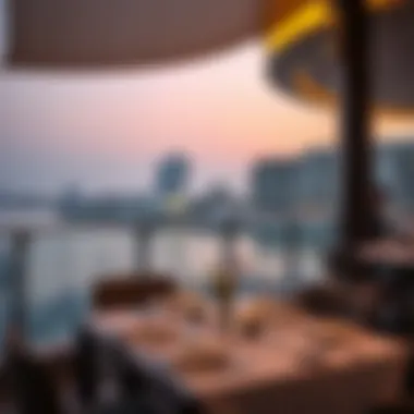 Elegant Waterfront Dining Ambiance An elegant table setup overlooking the water, illustrating the dining ambiance at Dubai Festival City Mall