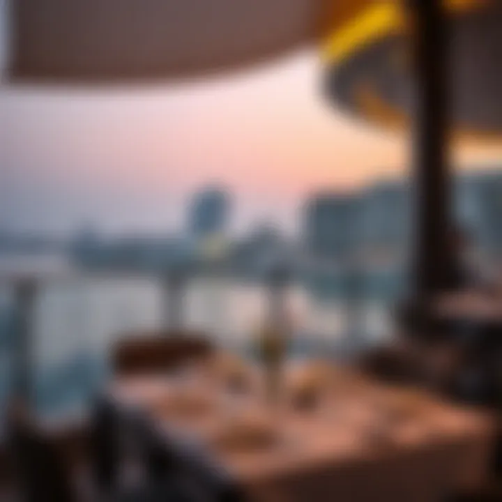 Elegant Waterfront Dining Ambiance An elegant table setup overlooking the water, illustrating the dining ambiance at Dubai Festival City Mall