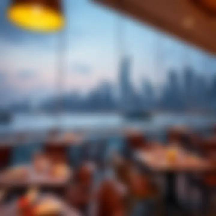 Stunning Waterfront Dining Skyline A panoramic view of the waterfront dining area at Dubai Festival City Mall showcasing the stunning skyline