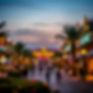 A vibrant view of Global Village at dusk, showcasing its attractions.