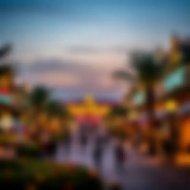A vibrant view of Global Village at dusk, showcasing its attractions.