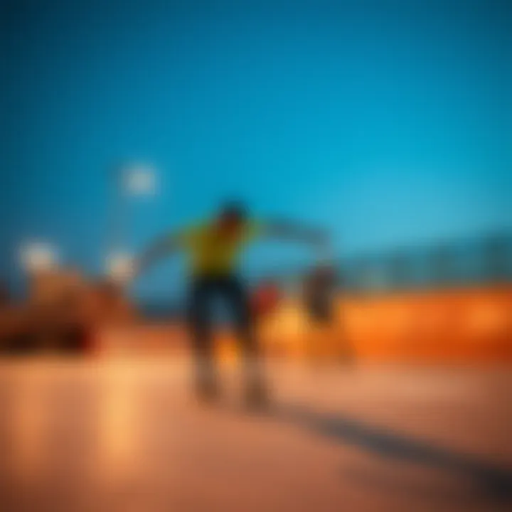 Skaters performing tricks and enjoying the vibrant atmosphere of the park