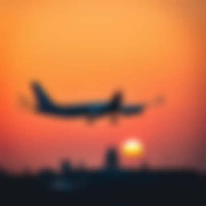 Airplane taking off against a sunset