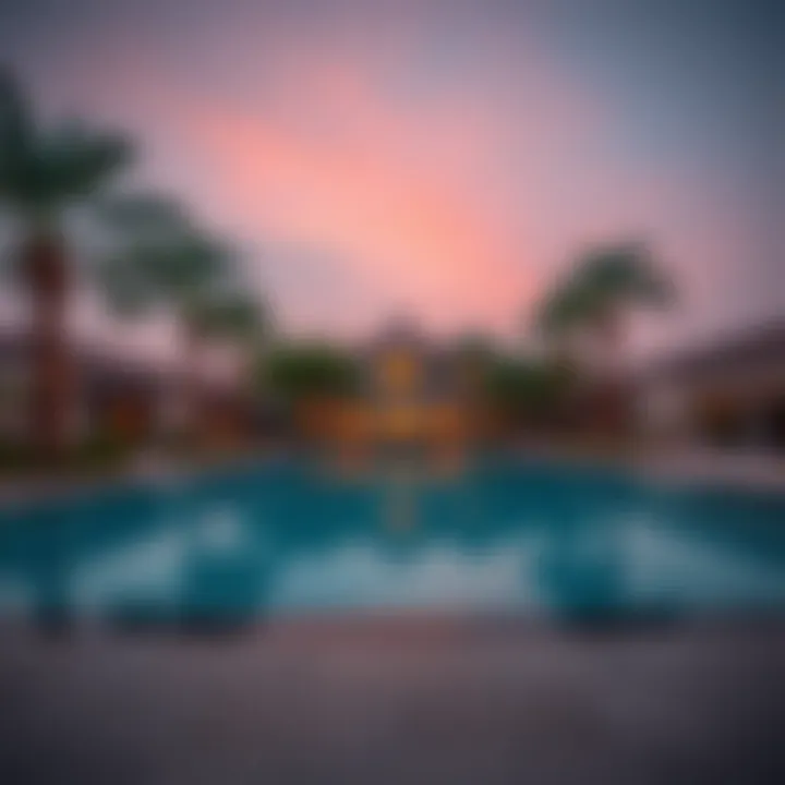 Lavish swimming pool surrounded by palm trees