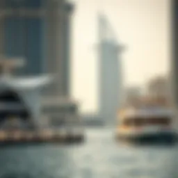 Scenic view of Dubai Marina waterfront with ferry in the background