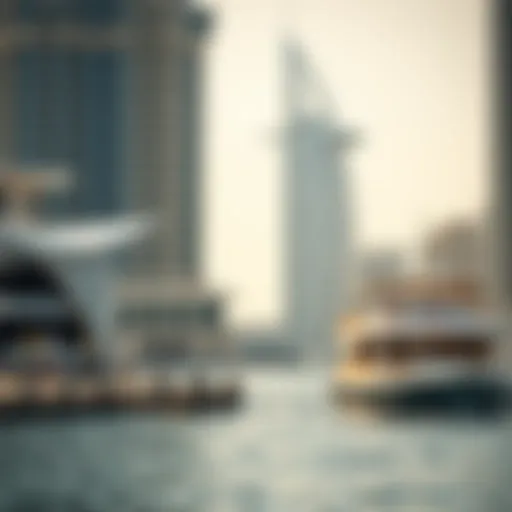 Scenic view of Dubai Marina waterfront with ferry in the background