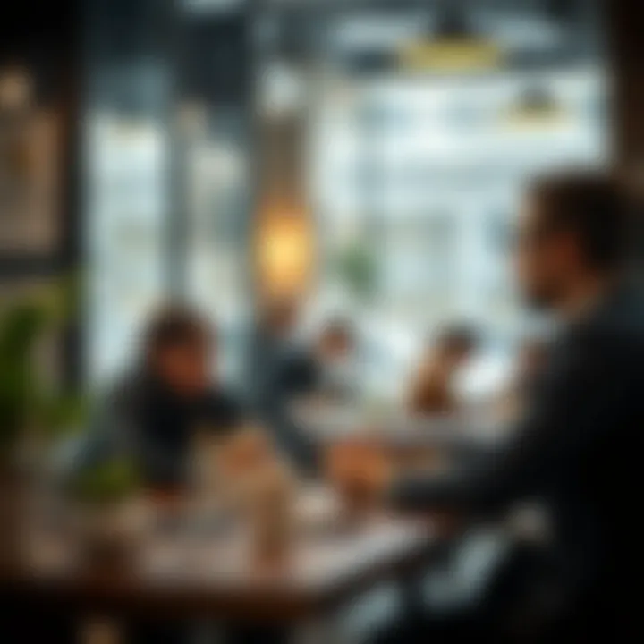 Creative Collaboration in a Café Setting Freelancer discussing ideas with a colleague over coffee