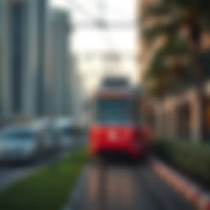 Tram in motion along a scenic route in Dubai