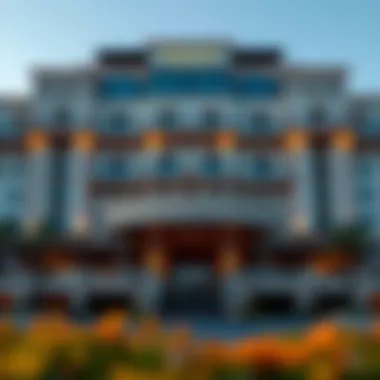 Stunning Architecture of Portofino Hotel Elegant exterior view of Portofino Hotel Dubai showcasing its architectural beauty.