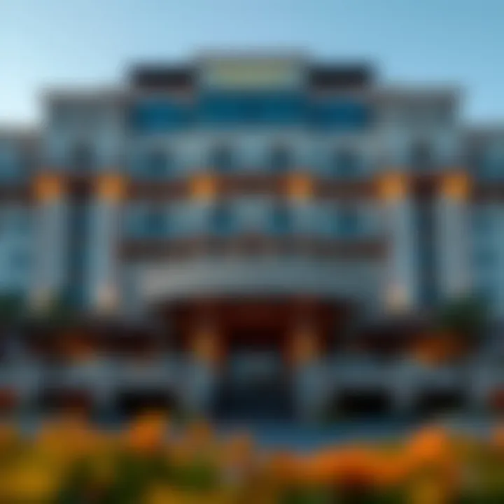 Stunning Architecture of Portofino Hotel Elegant exterior view of Portofino Hotel Dubai showcasing its architectural beauty.