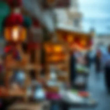 An elegant Ramadan market scene highlighting local crafts and foods