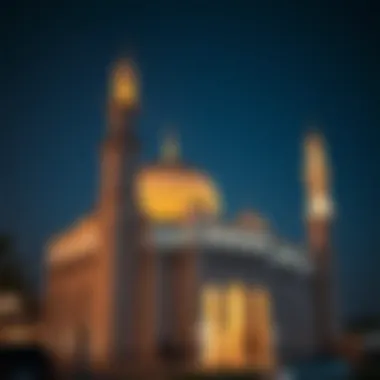 Mosque Illuminated at Night During Ramadan An ornate mosque illuminated at night, symbolizing Ramadan's spirituality