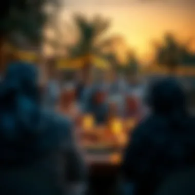 Community members gathering for Iftar at sunset.