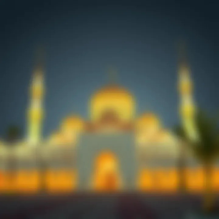 A serene mosque in Dubai lit up for Ramadan