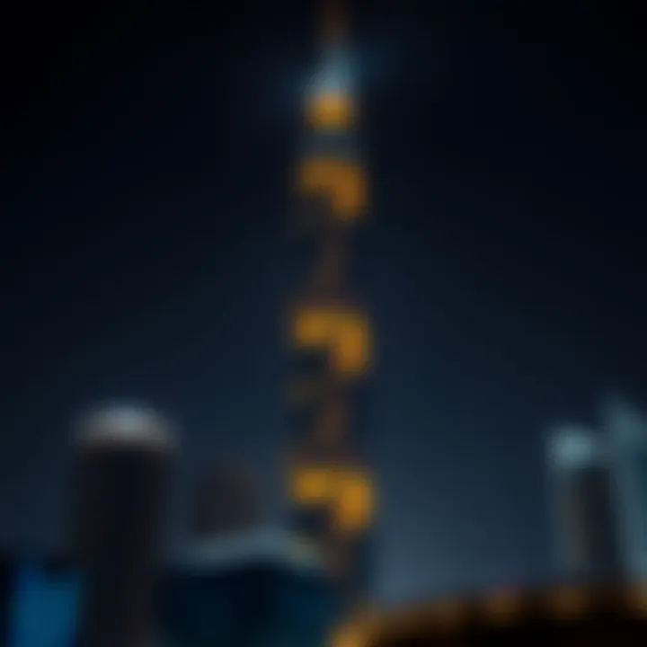 Night shot of Shatha Tower illuminated, emphasizing its role in Dubai's urban landscape