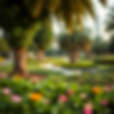 The Vibrant Landscaping of Sheikh Fatima Park Lush greenery surrounding Sheikh Fatima Park