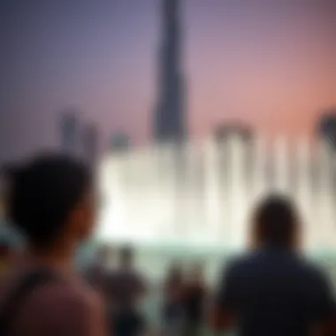 Visitors at Dubai Fountain Show Visitors enjoying the Dubai Fountain show with Burj Khalifa in the background