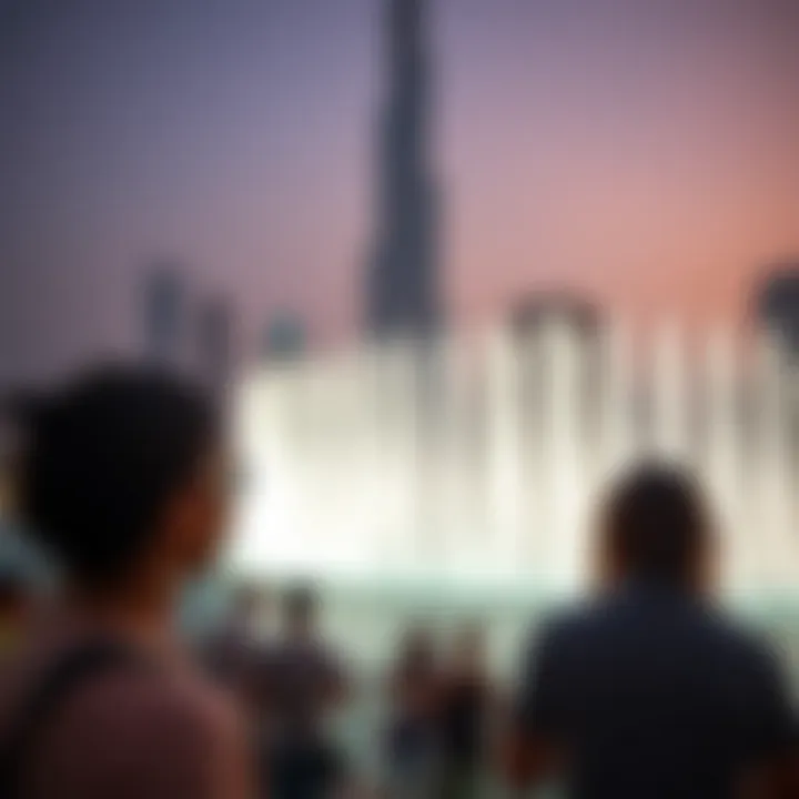 Visitors at Dubai Fountain Show Visitors enjoying the Dubai Fountain show with Burj Khalifa in the background