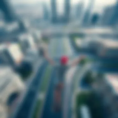 An aerial view of Dubai's urban landscape with skateboarders integrating into the environment