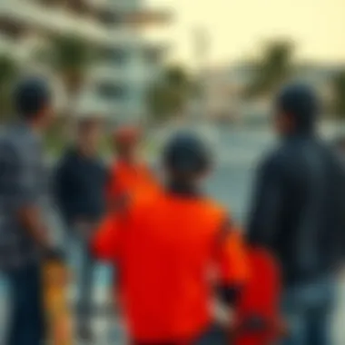 A group of skateboard enthusiasts discussing safety measures in a skate park