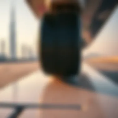 Dubai's Skyline Reflected in Skateboarding Culture Close-up of a skateboard deck with Dubai's skyline reflected in the wheels