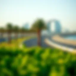 A breathtaking view of the Yas Cycle Track lined with palm trees and modern architecture in the background.